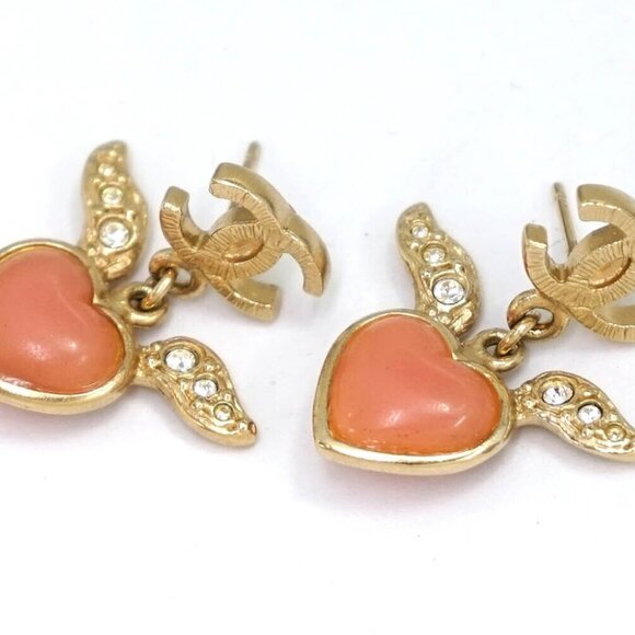 CHANEL CC Logos Pink Heart Rhinestone Dangle Earrings Gold Tone 09C Auth w/Box - Picture 3 of 6
